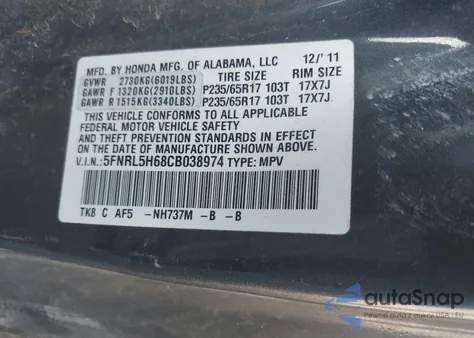 2012 Honda Odyssey Ex-L from USA, damaged, VIN 5FNRL5H68CB038974